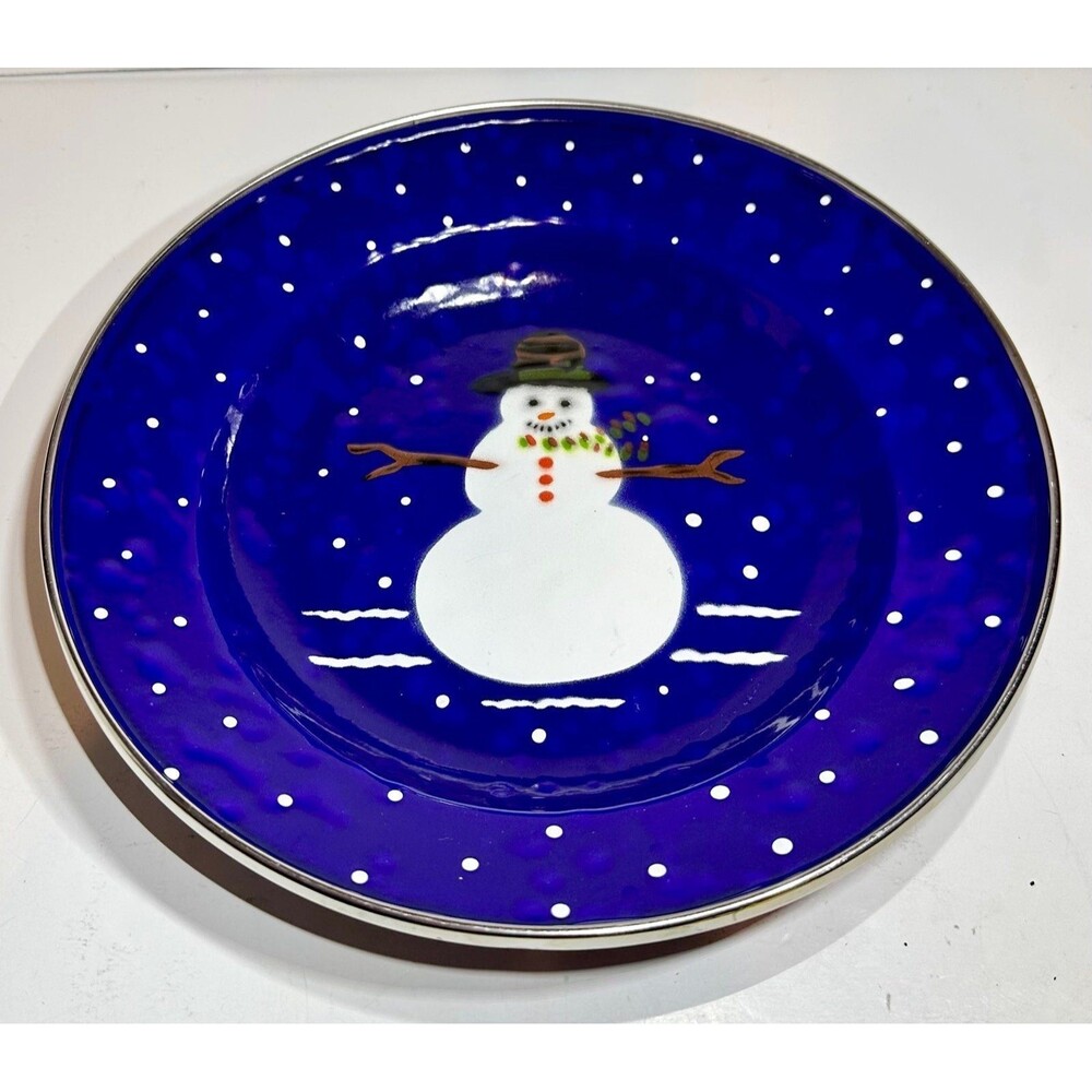The Golden Rabbit II Blue Enamel Snowman Bowl Winter Denise S Harvey Christmas